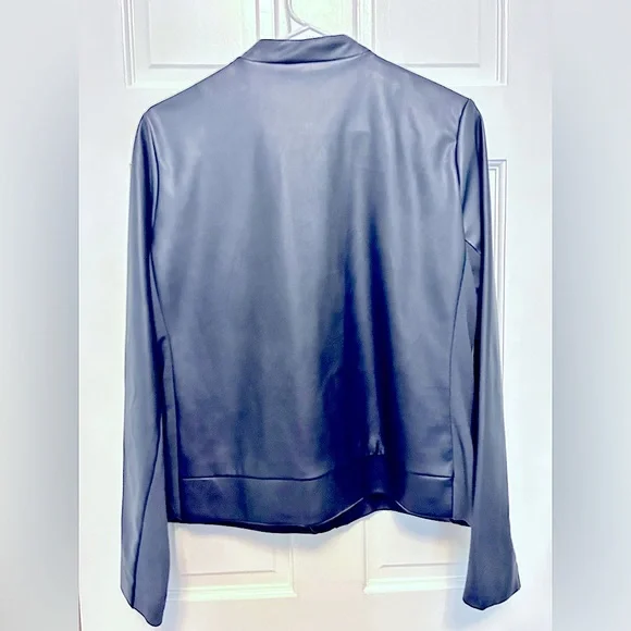 🔥WORN ONCE! Michael Kors Faux Leather w Stretch Sides Navy Blue Jacket Medium - Picture 2 of 5